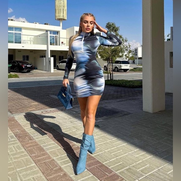💗RARE Gradient Marble Style Print Long Sleeves Front Zipper Sexy Mini Dress - Picture 1 of 5
